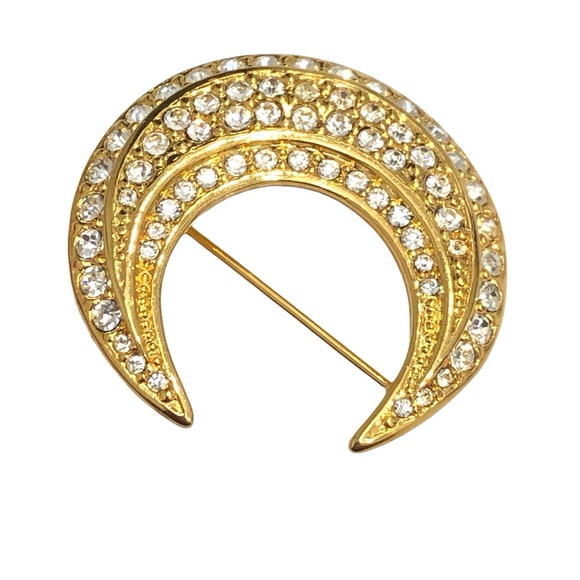 VINTAGE JOAN RIVERS GOLD & CLEAR CRYSTAL CRESCENT MOON BROOCH - Picture 4 of 16